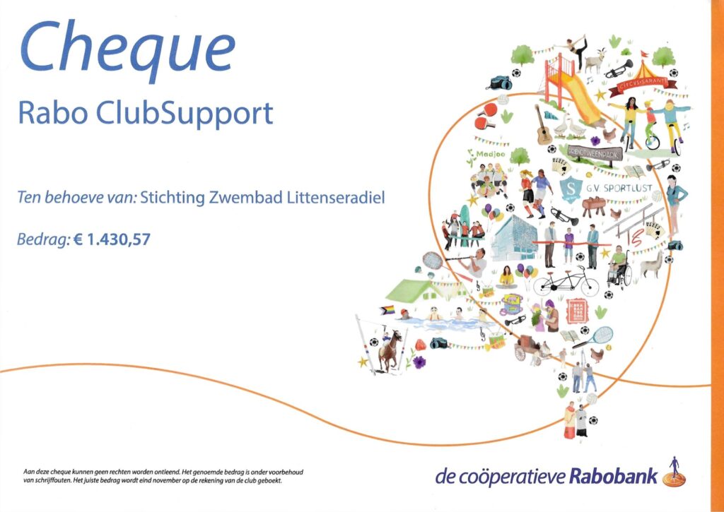 Cheque Rabobank Rabo clubsupport cheque 2023 - Zwembad De Klomp Wommels